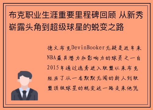 布克职业生涯重要里程碑回顾 从新秀崭露头角到超级球星的蜕变之路